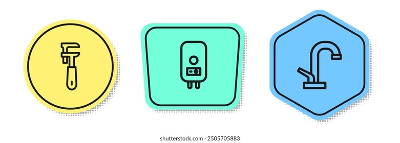 Set line Pipe adjustable wrench, Electric boiler and Water tap. Colored shapes. Vector