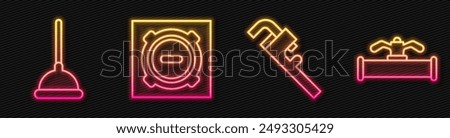 Set line Pipe adjustable wrench, Rubber plunger, Manhole sewer cover and Industry pipe and valve. Glowing neon icon. Vector