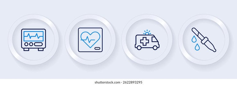 Set line Pipette, Ambulance car, Heart rate and Monitor with cardiogram icon. Vector
