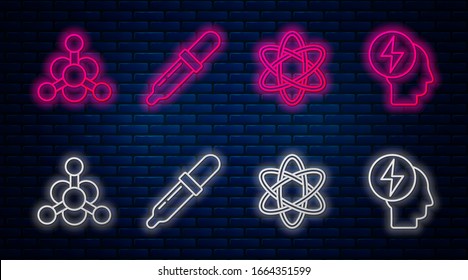 Set line Pipette, Atom, Bacteria and Head and electric symbol. Glowing neon icon on brick wall. Vector