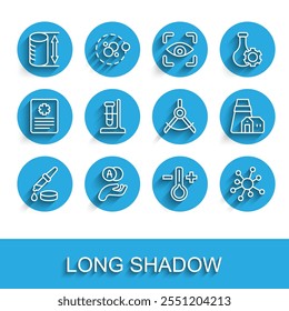 Set line Pipette, Atom, Height geometrical figure, Thermometer, Molecule, Test tube flask on stand, Power station plant and Drawing compass icon. Vector