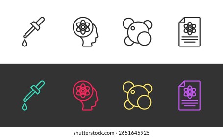 Definir linha Pipeta, Átomo, Molécula e relatório de Química em preto e branco. Vetor