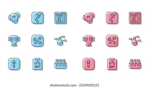 Set Line Pipette, Chemie Bericht, Molekül, Reagenzglas und Kolben, Medizin Pille Tablette, Gasmaske und Symbol. Vektorgrafik