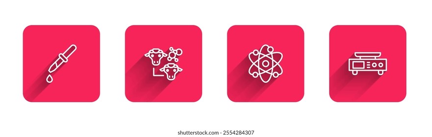 Set line Pipette, Cloning, Atom and Electronic scales with long shadow. Red square button. Vector