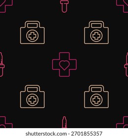 Set línea Pipeta, botiquín de primeros auxilios y corazón con cruz en patrón sin fisuras. Vector