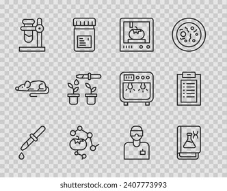 Set line Pipette, Genetic engineering book, 3D printing technology, Genetically modified food, Test tube flask on stand, plant, Laboratory assistant and Clinical record icon. Vector