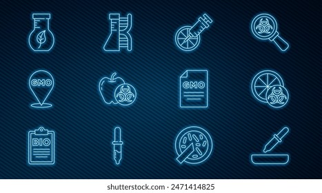 Pipeta transgénica, naranja modificada genéticamente, manzana, OMG, tubo de ensayo y frasco, y la investigación de ADN, icono de búsqueda. Vector