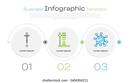 Set line Pipette, Glass test tube flask on fire heater and Bacteria. Business infographic template. Vector