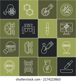 Set-Line-Pipette, GVO, Gentechnik-Modifikation, Genetisch verändertes Orange, Reagenzglas und Kolben, GVO-Forschungshuhn und Icon. Vektorgrafik