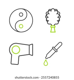 Set line Pipette, Hair dryer, Sauna broom and Yin Yang icon. Vector