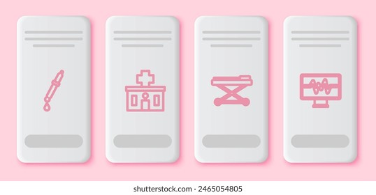 Set line Pipette, Hospital building, Stretcher and Monitor with cardiogram. White rectangle button. Vector