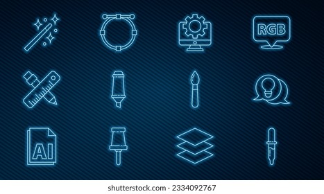 Fijar la línea Pipeta, Bombilla con el concepto de idea, Monitor y engranaje de ordenador, Pluma de marcador, Lápiz de regla cruzado, varita mágica, Pincel de pintura e icono de curva de bizcocho circular. Vector