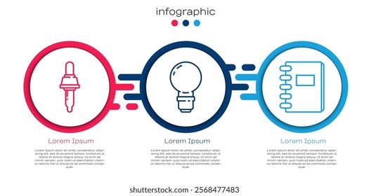 Set line Pipette, Light bulb and Spiral notebook. Business infographic template. Vector