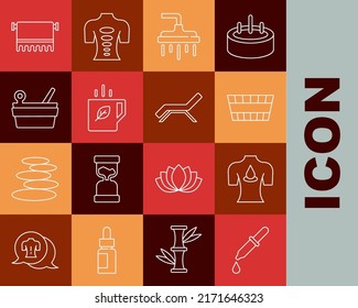 Set line Pipette, Massage with aroma oils, Sauna bucket, Shower head, Cup of tea and leaf, ladle, Towel on hanger and Sunbed umbrella icon. Vector