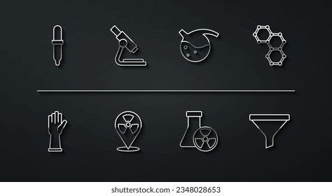 Set line Pipette, Medical rubber gloves, Chemical formula, Test tube radiation, Radioactive in location, Microscope, Funnel filter and and flask icon. Vector