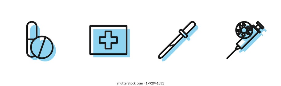 Set line Pipette, Medicine pill or tablet, First aid kit and Syringe and virus icon. Vector