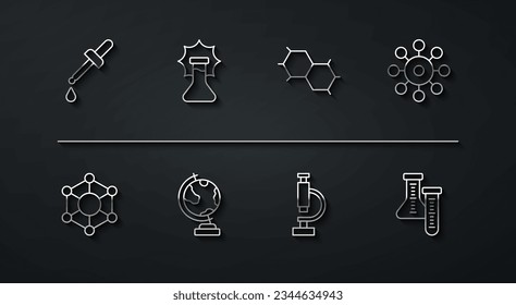 Set line Pipette, Molecule, Virus, Microscope, Earth globe, Explosion in the flask, Test tube and Chemical formula icon. Vector