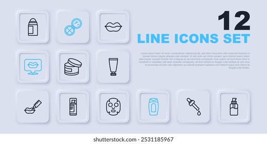 Set line Pipette with oil, Bottle of liquid soap, Cream or lotion cosmetic tube, shampoo, Smiling lips, Shaving gel foam, Makeup powder mirror and Facial mask icon. Vector