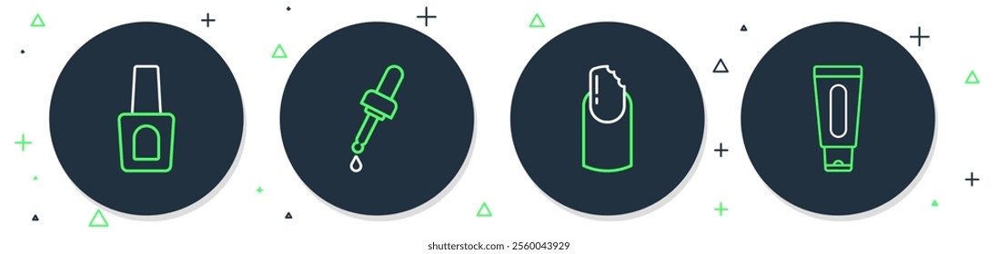 Set line Pipette with oil, Broken nail, Bottle of polish and Tube hand cream icon. Vector