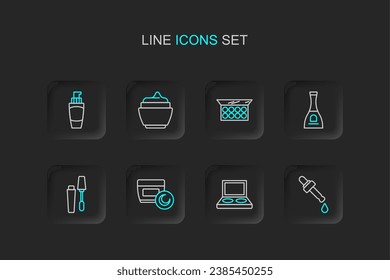 Set line Pipette with oil, Eye shadow palette brush, Cream or lotion cosmetic tube, Mascara, Bottle of nail polish, Makeup powder mirror,  and Tube hand cream icon. Vector