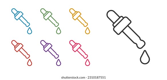 Set line Pipette with oil icon isolated on white background. Organic aromatherapy essence. Skin care serum glass drop package. Set icons colorful. Vector