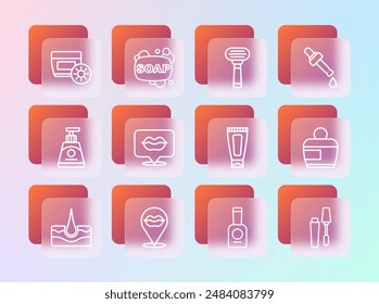 Set line Pipette with oil, Smiling lips, Cream or lotion cosmetic tube, Bottle of nail polish, Shaving razor, Sunscreen cream and Bar soap icon. Vector