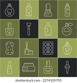 Fijar línea Pipette, Perfume, Pincel de maquillaje, botella de esmalte de uñas y Botella de icono de champú. Vector