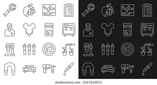 Set line Pipette, and plant, Biosafety box, Chemical formula, Experimental mouse, Laboratory assistant, DNA research, search and Jar with additives icon. Vector