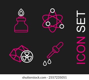 Set line Pipette, Radioactive, Atom and Alcohol or spirit burner icon. Vector