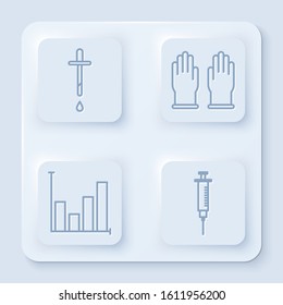 Set line Pipette, Rubber gloves, Pie chart infographic and Syringe. White square button. Vector