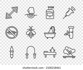Set line Pipette, Scented spa stick, Bottle of liquid soap, Jump rope, Dumbbell, Bee, Massage table with oil and Laboratory glass and leaves icon. Vector