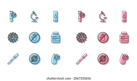 Set Line Pipette, Stop Virus, Test Tube With, Blood Test And, No Handshake, Medicine Bottle Pills, Virus And Microscope Icon. Vector