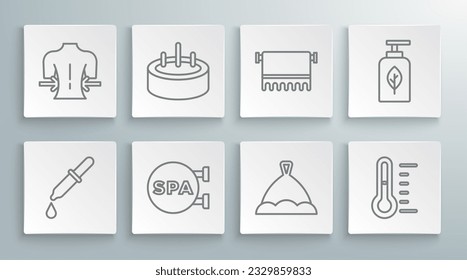 Set line Pipette, Swimming pool with ladder, Spa salon, Sauna hat, thermometer, Towel hanger, Essential oil bottle and Massage icon. Vector