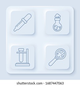 Set line Pipette, Test tube and flask chemical, Test tube flask on stand and Microorganisms under magnifier. White square button. Vector