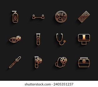 Fijar la línea Pipeta, Tubo de ensayo con virus, Botella de jabón antibacteriano líquido, Runny nose y, Kit de primeros auxilios, Prueba de sangre, Computadora de espiral de ADN e Icono de Stethoscope. Vector