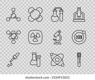 Pipeta, tubo de ensayo, molécula, radiactivo, átomo e icono de helio. Vector