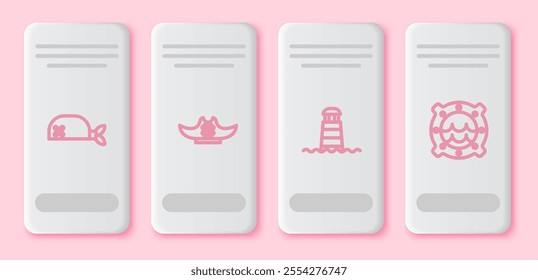 Set line Pirate bandana for head, hat, Lighthouse and Ship porthole with seascape. White rectangle button. Vector