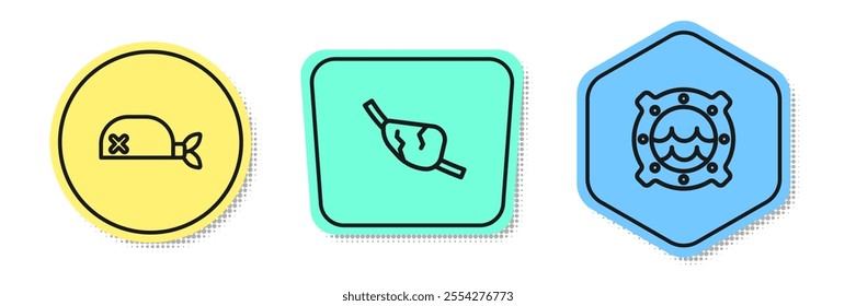 Set line Pirate bandana for head, eye patch and Ship porthole with seascape. Colored shapes. Vector