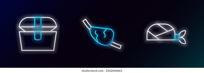 Set line Pirate bandana for head, Antique treasure chest and eye patch icon. Glowing neon. Vector