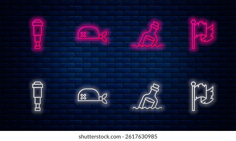 Set line Pirate bandana for head, Bottle with message in water, Spyglass telescope lens and flag. Glowing neon icon on brick wall. Vector
