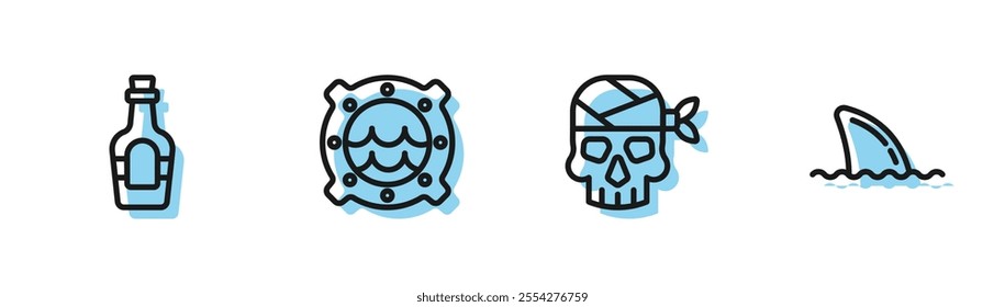 Set line Pirate captain, Alcohol drink Rum, Ship porthole with seascape and Shark fin ocean wave icon. Vector