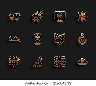 Fijar la línea Capitán del Pirata, Botella con agua del mensaje, cañón, marea del ojo de buey del barco, sombrero, pirata de localización, brújula y icono del mapa del tesoro. Vector