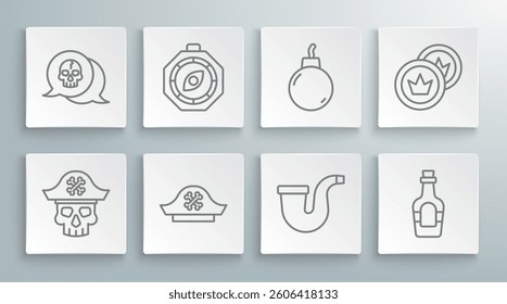Set line Pirate captain, Compass, hat, Smoking pipe, Alcohol drink Rum, Bomb ready to explode, coin and Skull icon. Vector