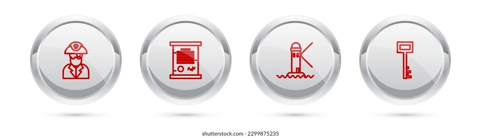 Set line Pirate captain, Decree, parchment, scroll, Lighthouse and key. Silver circle button. Vector