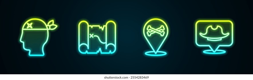 Set line Pirate captain, treasure map, Location pirate and . Glowing neon icon. Vector