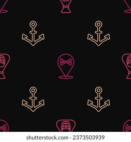 Set line Pirate coin, Anchor and Location pirate on seamless pattern. Vector