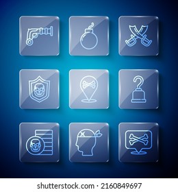 Set line Pirate coin, captain, Location pirate, Crossed swords, Shield with skull, Vintage pistols and hook icon. Vector