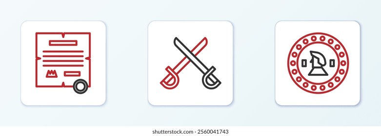 Set line Pirate coin, Decree, parchment, scroll and Crossed pirate swords icon. Vector