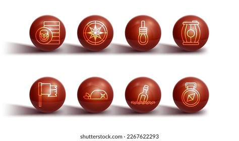 Set line Pirate coin, flag, Gun powder barrel, Bottle with message water, bandana for head, Compass,  and Gallows rope loop hanging icon. Vector