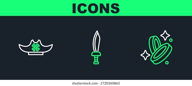 Set línea Pirata icono de moneda, sombrero y espada. Vector
